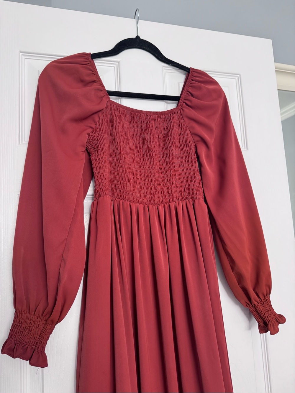 SHEIN Rust Long Sleeve Smocked Bodice Maxi Dress